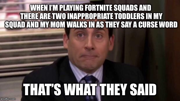 Thats what she said | WHEN I’M PLAYING FORTNITE SQUADS AND THERE ARE TWO INAPPROPRIATE TODDLERS IN MY SQUAD AND MY MOM WALKS IN AS THEY SAY A CURSE WORD; THAT’S WHAT THEY SAID | image tagged in thats what she said | made w/ Imgflip meme maker