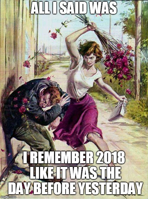 Beaten with Roses | ALL I SAID WAS; I REMEMBER 2018 LIKE IT WAS THE DAY BEFORE YESTERDAY | image tagged in beaten with roses | made w/ Imgflip meme maker