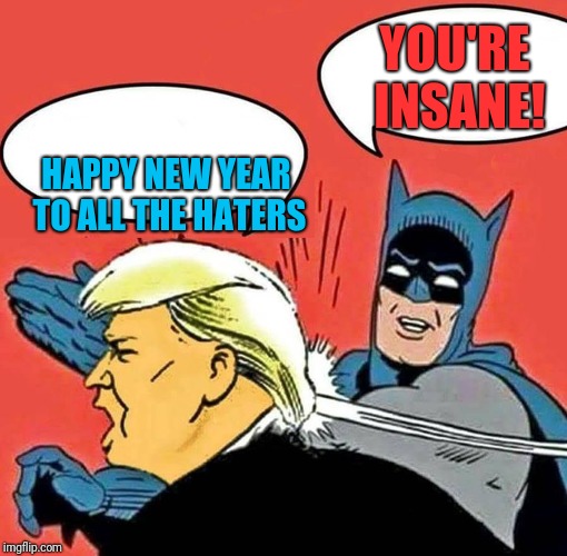 Batman Slapping Trump | YOU'RE INSANE! HAPPY NEW YEAR TO ALL THE HATERS | image tagged in batman slapping trump | made w/ Imgflip meme maker