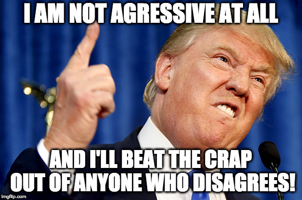 Donald Trump is not agressive | I AM NOT AGRESSIVE AT ALL; AND I'LL BEAT THE CRAP OUT OF ANYONE WHO DISAGREES! | image tagged in donald trump,politics,contradiction,paradox,angry,passive aggressive | made w/ Imgflip meme maker