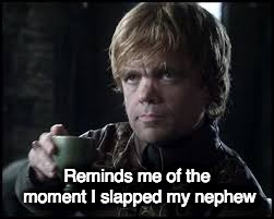 Tyrion Lannister | Reminds me of the moment I slapped my nephew | image tagged in tyrion lannister | made w/ Imgflip meme maker