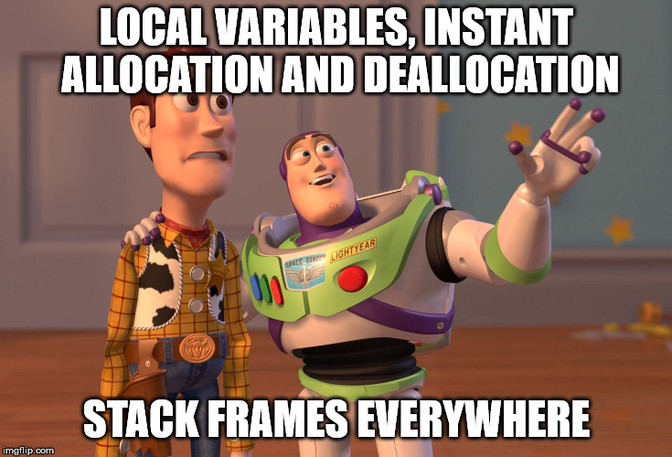 X, X Everywhere Meme | LOCAL VARIABLES, INSTANT ALLOCATION AND DEALLOCATION; STACK FRAMES EVERYWHERE | image tagged in memes,x x everywhere | made w/ Imgflip meme maker