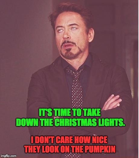 Face You Make Robert Downey Jr Meme | IT'S TIME TO TAKE DOWN THE CHRISTMAS LIGHTS. I DON'T CARE HOW NICE THEY LOOK ON THE PUMPKIN | image tagged in memes,face you make robert downey jr | made w/ Imgflip meme maker