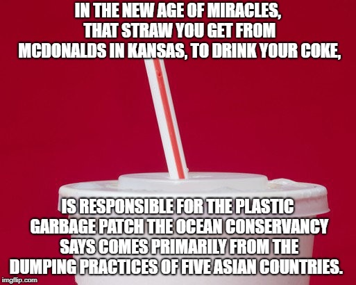 Miracle Straws | IN THE NEW AGE OF MIRACLES, THAT STRAW YOU GET FROM MCDONALDS IN KANSAS, TO DRINK YOUR COKE, IS RESPONSIBLE FOR THE PLASTIC GARBAGE PATCH THE OCEAN CONSERVANCY SAYS COMES PRIMARILY FROM THE DUMPING PRACTICES OF FIVE ASIAN COUNTRIES. | image tagged in political meme | made w/ Imgflip meme maker