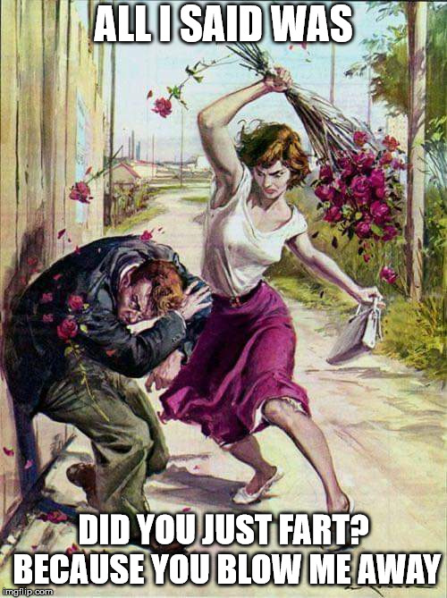Beaten with Roses | ALL I SAID WAS; DID YOU JUST FART? BECAUSE YOU BLOW ME AWAY | image tagged in beaten with roses | made w/ Imgflip meme maker