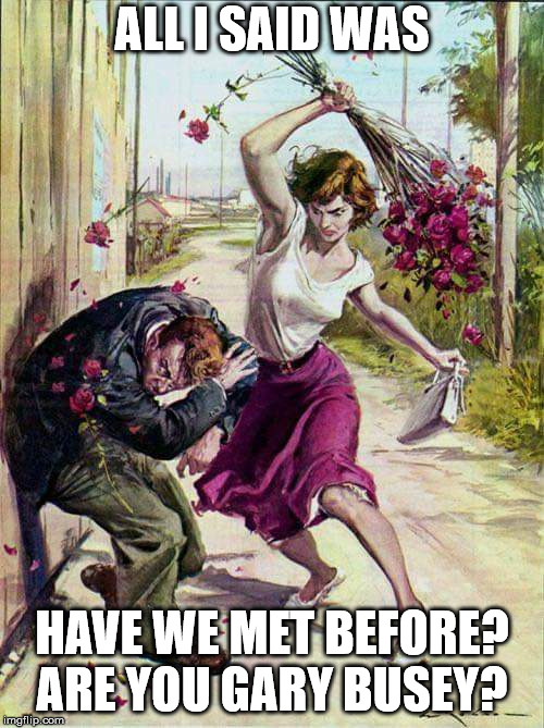 Beaten with Roses | ALL I SAID WAS; HAVE WE MET BEFORE? ARE YOU GARY BUSEY? | image tagged in beaten with roses | made w/ Imgflip meme maker