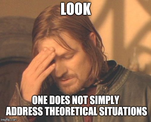 Frustrated Boromir Meme | LOOK ONE DOES NOT SIMPLY ADDRESS THEORETICAL SITUATIONS | image tagged in memes,frustrated boromir | made w/ Imgflip meme maker