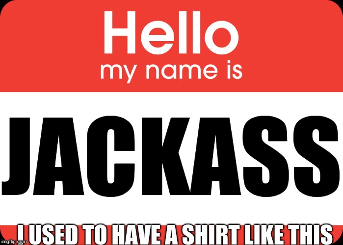 Hello My Name Is | JACKASS; I USED TO HAVE A SHIRT LIKE THIS | image tagged in hello my name is | made w/ Imgflip meme maker