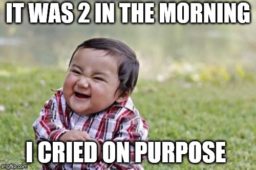 Evil Toddler Meme | IT WAS 2 IN THE MORNING; I CRIED ON PURPOSE | image tagged in memes,evil toddler | made w/ Imgflip meme maker