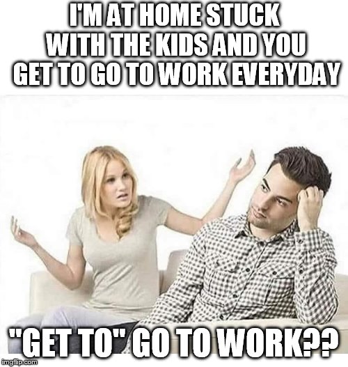 ANGRY WIFE YELLS AT HUSBAND |  I'M AT HOME STUCK WITH THE KIDS AND YOU GET TO GO TO WORK EVERYDAY; "GET TO" GO TO WORK?? | image tagged in angry wife yells at husband | made w/ Imgflip meme maker