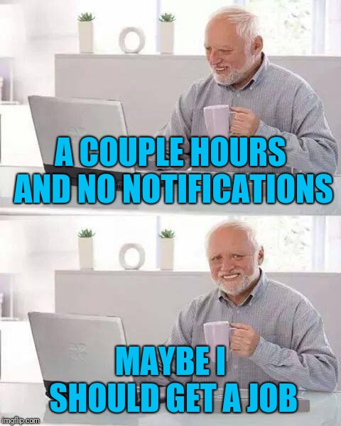 Maybe I need to do something else with my time | A COUPLE HOURS AND NO NOTIFICATIONS; MAYBE I SHOULD GET A JOB | image tagged in memes,hide the pain harold,boredom,too much time | made w/ Imgflip meme maker