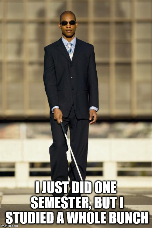 Blindman | I JUST DID ONE SEMESTER, BUT I STUDIED A WHOLE BUNCH | image tagged in blindman | made w/ Imgflip meme maker