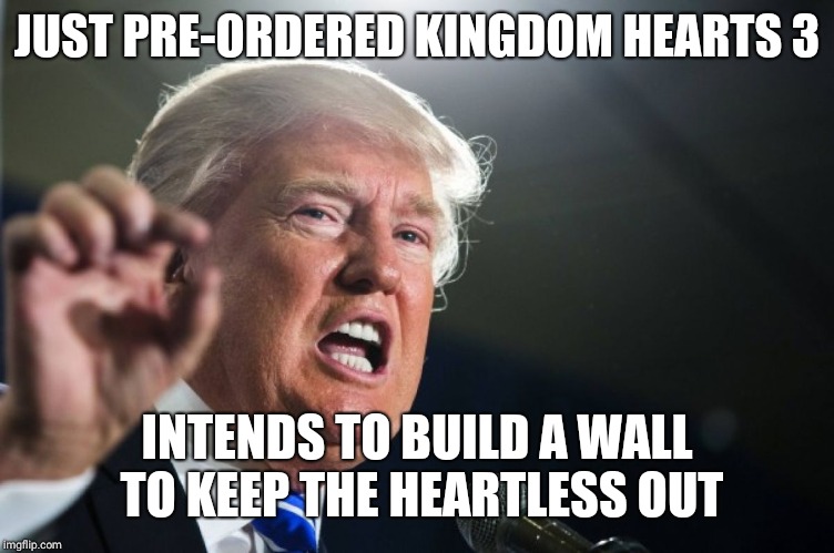 donald trump | JUST PRE-ORDERED KINGDOM HEARTS 3; INTENDS TO BUILD A WALL TO KEEP THE HEARTLESS OUT | image tagged in donald trump | made w/ Imgflip meme maker
