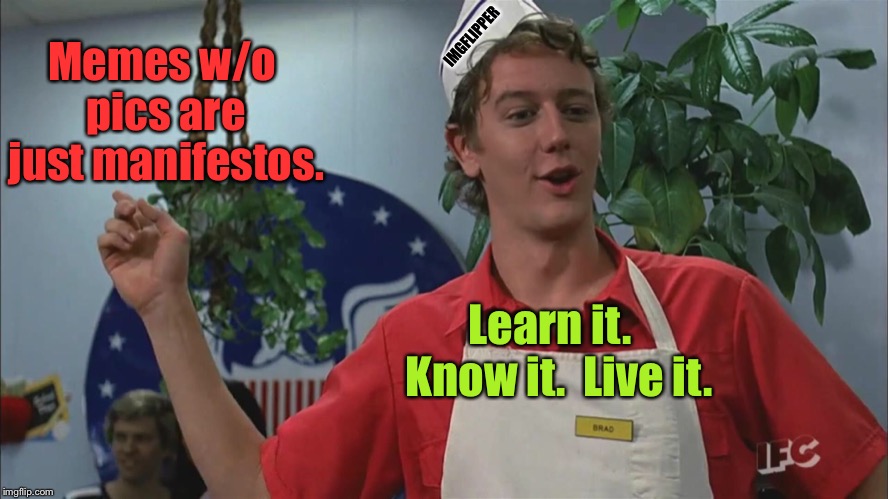 Got it? | IMGFLIPPER; Memes w/o pics are just manifestos. Learn it.  Know it.  Live it. | image tagged in fast times at ridgemont high,brad,manifesto,imgflip,pictures,funny memes | made w/ Imgflip meme maker