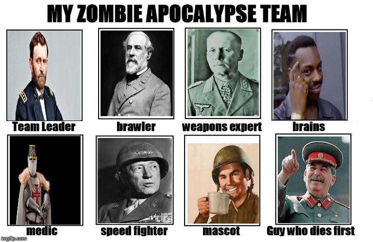My Zombie Apocalypse Team | image tagged in my zombie apocalypse team,memes,robert e lee,patton | made w/ Imgflip meme maker