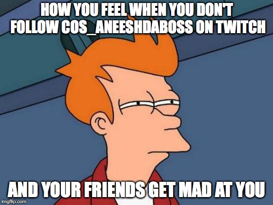 Futurama Fry | HOW YOU FEEL WHEN YOU DON'T FOLLOW COS_ANEESHDABOSS ON TWITCH; AND YOUR FRIENDS GET MAD AT YOU | image tagged in memes,futurama fry | made w/ Imgflip meme maker