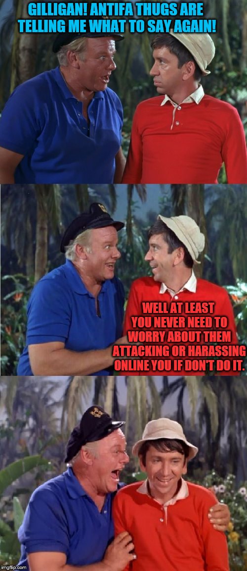 Telling me how to meme? That's a paddling | GILLIGAN! ANTIFA THUGS ARE TELLING ME WHAT TO SAY AGAIN! WELL AT LEAST YOU NEVER NEED TO WORRY ABOUT THEM ATTACKING OR HARASSING ONLINE YOU IF DON'T DO IT. | image tagged in gilligan bad pun,memes,antifa | made w/ Imgflip meme maker