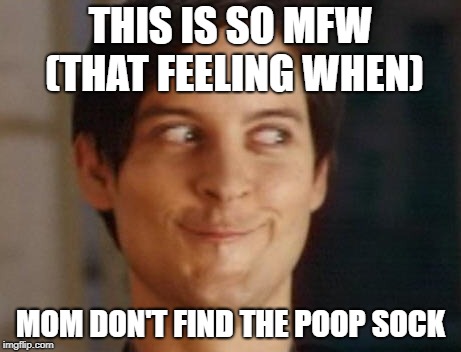 Spiderman Peter Parker Meme | THIS IS SO MFW (THAT FEELING WHEN) MOM DON'T FIND THE POOP SOCK | image tagged in memes,spiderman peter parker | made w/ Imgflip meme maker