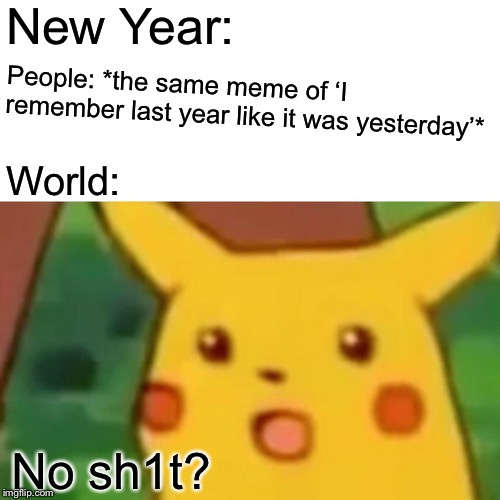 And with that, Happy New Year! I really do hope you weren’t so drunk you forgot about last year already. ;D | New Year:; People: *the same meme of ‘I remember last year like it was yesterday’*; World:; No sh1t? | image tagged in memes,surprised pikachu,new years,happy new year,new year,masqurade_ | made w/ Imgflip meme maker