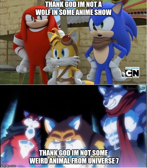 sonic y dragon ball super | THANK GOD IM NOT A WOLF IN SOME ANIME SHOW; THANK GOD IM NOT SOME WEIRD ANIMAL FROM UNIVERSE 7 | image tagged in sonic y dragon ball super | made w/ Imgflip meme maker