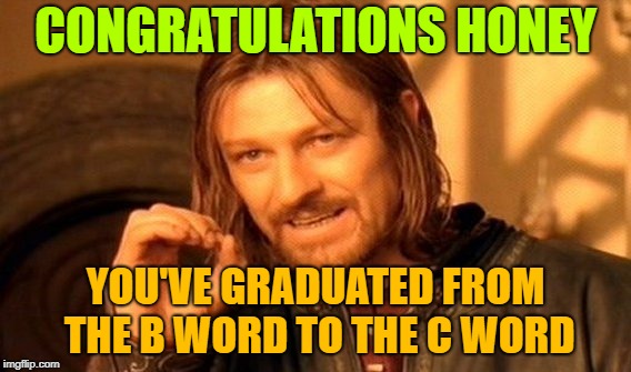 One Does Not Simply Meme | CONGRATULATIONS HONEY; YOU'VE GRADUATED FROM THE B WORD TO THE C WORD | image tagged in memes,one does not simply | made w/ Imgflip meme maker