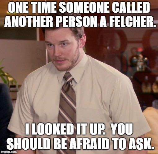 Afraid To Ask Andy Meme | ONE TIME SOMEONE CALLED ANOTHER PERSON A FELCHER. I LOOKED IT UP.  YOU SHOULD BE AFRAID TO ASK. | image tagged in memes,afraid to ask andy | made w/ Imgflip meme maker