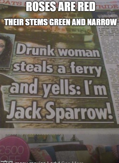 I'm a poet and I know It | THEIR STEMS GREEN AND NARROW; ROSES ARE RED | image tagged in nochillpoetry,tokinjester,jack sparrow | made w/ Imgflip meme maker