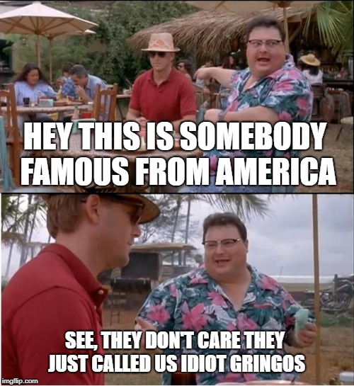 See Nobody Cares Meme | HEY THIS IS SOMEBODY FAMOUS FROM AMERICA; SEE, THEY DON'T CARE THEY JUST CALLED US IDIOT GRINGOS | image tagged in memes,see nobody cares | made w/ Imgflip meme maker