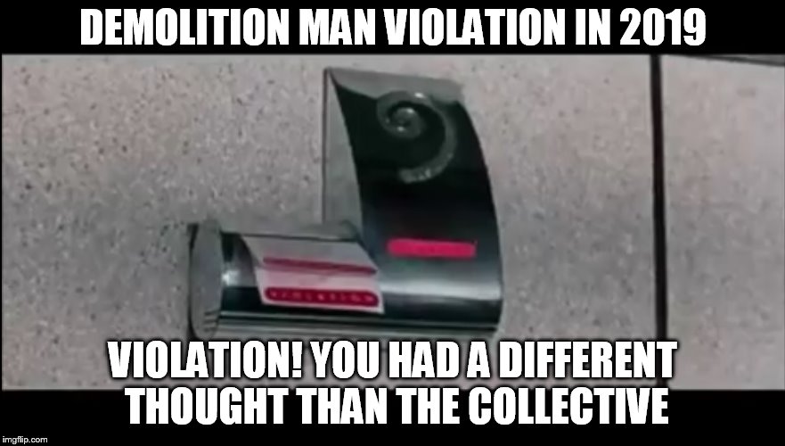 Demolition Man ~ Violation | DEMOLITION MAN VIOLATION IN 2019; VIOLATION! YOU HAD A DIFFERENT THOUGHT THAN THE COLLECTIVE | image tagged in demolition man  violation | made w/ Imgflip meme maker