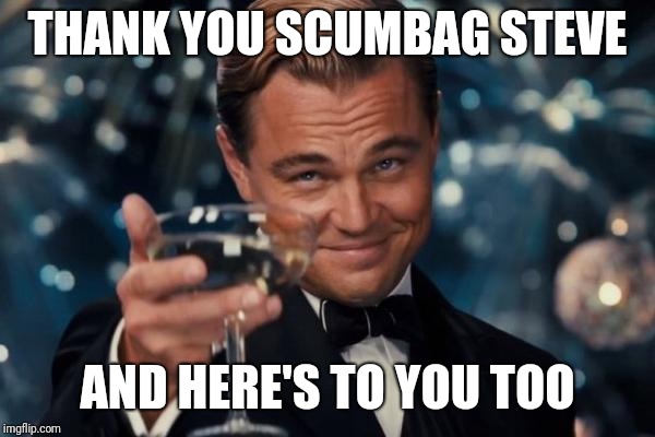 Leonardo Dicaprio Cheers Meme | THANK YOU SCUMBAG STEVE AND HERE'S TO YOU TOO | image tagged in memes,leonardo dicaprio cheers | made w/ Imgflip meme maker