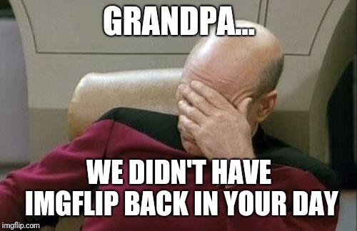 Captain Picard Facepalm Meme | GRANDPA... WE DIDN'T HAVE IMGFLIP BACK IN YOUR DAY | image tagged in memes,captain picard facepalm | made w/ Imgflip meme maker