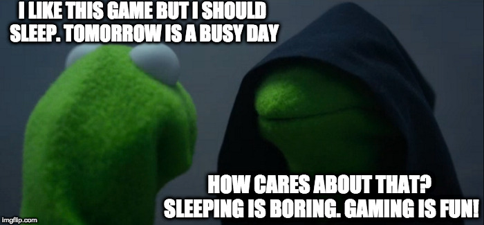 The big choice! | I LIKE THIS GAME BUT I SHOULD SLEEP. TOMORROW IS A BUSY DAY; HOW CARES ABOUT THAT? SLEEPING IS BORING. GAMING IS FUN! | image tagged in memes,evil kermit | made w/ Imgflip meme maker