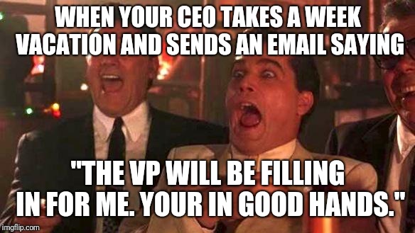 CEO vacation email | WHEN YOUR CEO TAKES A WEEK VACATION AND SENDS AN EMAIL SAYING; "THE VP WILL BE FILLING IN FOR ME. YOUR IN GOOD HANDS." | image tagged in goodfellas laughing scene henry hill,ceo,vacation,business,funny,laughing | made w/ Imgflip meme maker