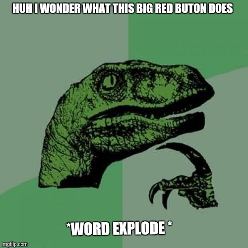 Philosoraptor | HUH I WONDER WHAT THIS BIG RED BUTON DOES; *WORD EXPLODE * | image tagged in memes,philosoraptor | made w/ Imgflip meme maker