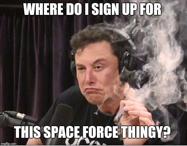 Elon Musk smoking a joint | WHERE DO I SIGN UP FOR THIS SPACE FORCE THINGY? | image tagged in elon musk smoking a joint | made w/ Imgflip meme maker