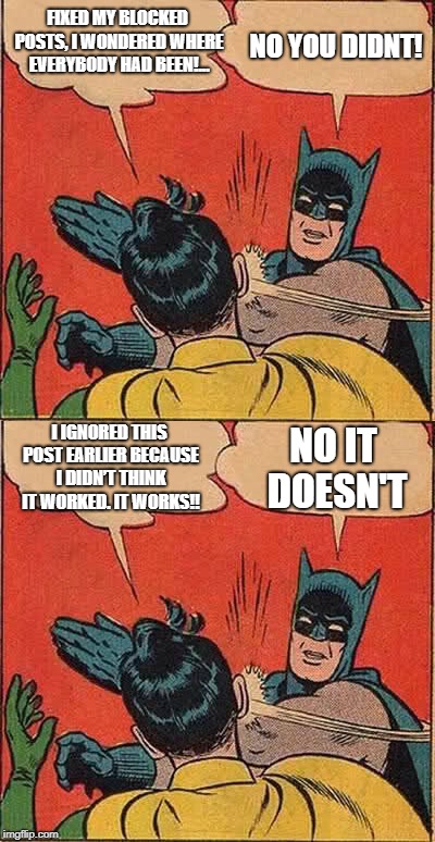 NO YOU DIDNT! FIXED MY BLOCKED POSTS, I WONDERED WHERE EVERYBODY HAD BEEN!... I IGNORED THIS POST EARLIER BECAUSE I DIDN’T THINK IT WORKED. IT WORKS!! NO IT DOESN'T | image tagged in memes,batman slapping robin | made w/ Imgflip meme maker