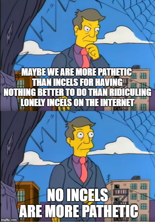Skinner Out Of Touch | MAYBE WE ARE MORE PATHETIC THAN INCELS FOR HAVING NOTHING BETTER TO DO THAN RIDICULING LONELY INCELS ON THE INTERNET; NO INCELS ARE MORE PATHETIC | image tagged in skinner out of touch | made w/ Imgflip meme maker