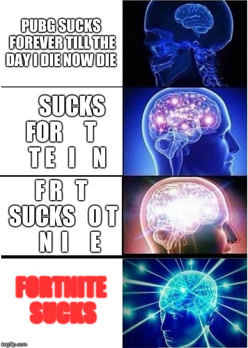 Expanding Brain | PUBG SUCKS FOREVER TILL THE DAY I DIE NOW DIE; SUCKS FOR     T    T E   I    N; F R   T SUCKS   O T    N  I     E; FORTNITE SUCKS | image tagged in memes,expanding brain | made w/ Imgflip meme maker