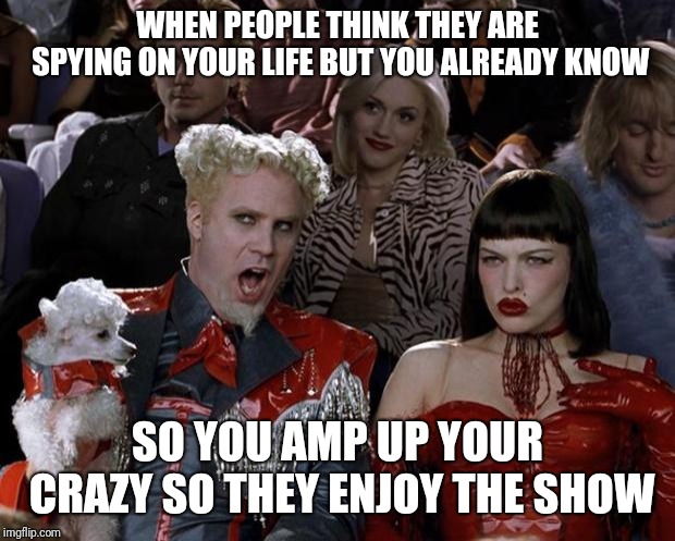 Mugatu So Hot Right Now Meme | WHEN PEOPLE THINK THEY ARE SPYING ON YOUR LIFE BUT YOU ALREADY KNOW; SO YOU AMP UP YOUR CRAZY SO THEY ENJOY THE SHOW | image tagged in memes,mugatu so hot right now | made w/ Imgflip meme maker