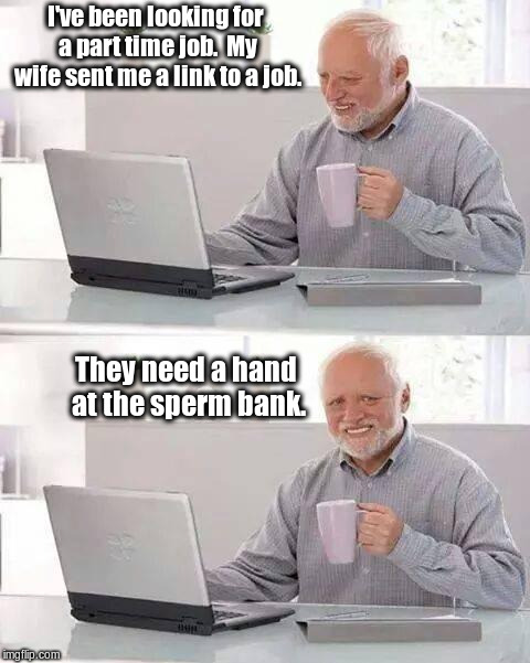 Hide the Salami Harold | I've been looking for a part time job.  My wife sent me a link to a job. They need a hand at the sperm bank. | image tagged in memes,hide the pain harold | made w/ Imgflip meme maker