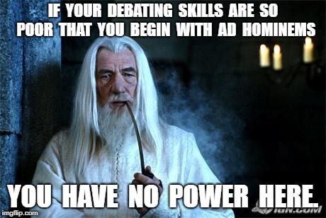 Gandalf Smoking | IF  YOUR  DEBATING  SKILLS  ARE  SO  POOR  THAT  YOU  BEGIN  WITH  AD  HOMINEMS; YOU  HAVE  NO  POWER  HERE. | image tagged in gandalf smoking | made w/ Imgflip meme maker