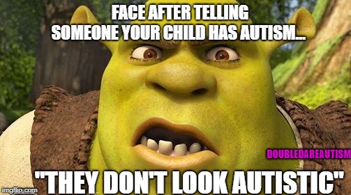 Shrek autism | FACE AFTER TELLING SOMEONE YOUR CHILD HAS AUTISM... ...."THEY DON'T LOOK AUTISTIC"; DOUBLEDAREAUTISM | image tagged in shrek autism | made w/ Imgflip meme maker