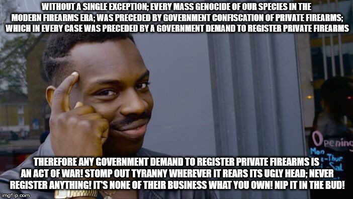 Roll Safe Think About It Meme | WITHOUT A SINGLE EXCEPTION; EVERY MASS GENOCIDE OF OUR SPECIES IN THE MODERN FIREARMS ERA; WAS PRECEDED BY GOVERNMENT CONFISCATION OF PRIVATE FIREARMS; WHICH IN EVERY CASE WAS PRECEDED BY A GOVERNMENT DEMAND TO REGISTER PRIVATE FIREARMS; THEREFORE ANY GOVERNMENT DEMAND TO REGISTER PRIVATE FIREARMS IS AN ACT OF WAR! STOMP OUT TYRANNY WHEREVER IT REARS ITS UGLY HEAD; NEVER REGISTER ANYTHING! IT'S NONE OF THEIR BUSINESS WHAT YOU OWN! NIP IT IN THE BUD! | image tagged in memes,roll safe think about it | made w/ Imgflip meme maker