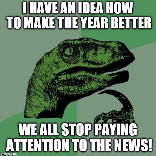 Philosoraptor | I HAVE AN IDEA HOW TO MAKE THE YEAR BETTER; WE ALL STOP PAYING ATTENTION TO THE NEWS! | image tagged in memes,philosoraptor | made w/ Imgflip meme maker
