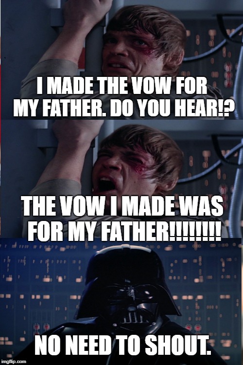 The Vow I made was for my father | I MADE THE VOW FOR MY FATHER. DO YOU HEAR!? THE VOW I MADE WAS FOR MY FATHER!!!!!!!! NO NEED TO SHOUT. | image tagged in memes,luke skywalker,luke nooooo | made w/ Imgflip meme maker