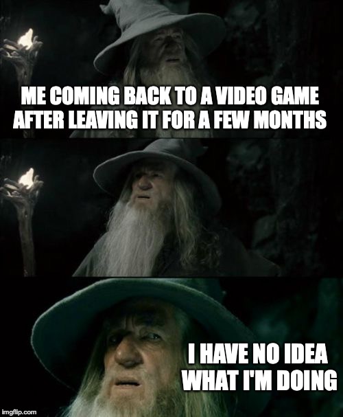 Confused Gandalf Meme | ME COMING BACK TO A VIDEO GAME AFTER LEAVING IT FOR A FEW MONTHS; I HAVE NO IDEA WHAT I'M DOING | image tagged in memes,confused gandalf | made w/ Imgflip meme maker