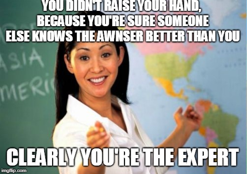 YOU DIDN'T RAISE YOUR HAND, BECAUSE YOU'RE SURE SOMEONE ELSE KNOWS THE AWNSER BETTER THAN YOU; CLEARLY YOU'RE THE EXPERT | image tagged in memes,unhelpful high school teacher | made w/ Imgflip meme maker