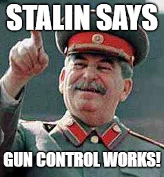 Stalin says | STALIN SAYS GUN CONTROL WORKS! | image tagged in stalin says | made w/ Imgflip meme maker