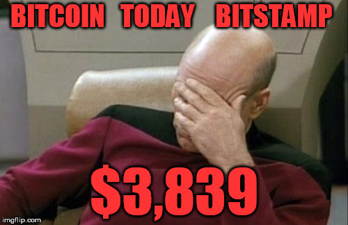Captain Picard Facepalm Meme | BITCOIN   TODAY    BITSTAMP; $3,839 | image tagged in memes,captain picard facepalm | made w/ Imgflip meme maker