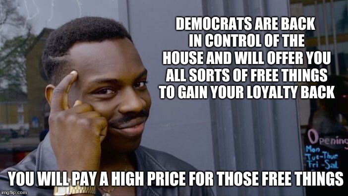 Democrats gain control, of you. | DEMOCRATS ARE BACK IN CONTROL OF THE HOUSE AND WILL OFFER YOU ALL SORTS OF FREE THINGS TO GAIN YOUR LOYALTY BACK; YOU WILL PAY A HIGH PRICE FOR THOSE FREE THINGS | image tagged in memes,roll safe think about it,democratic socialism,house,congress sucks,incumbents suck | made w/ Imgflip meme maker